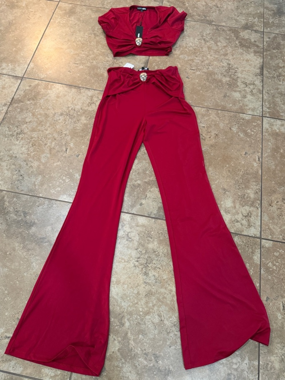 Fashion Nova Red Two-Piece Wide-Leg Jumpsuit Set with Jewel Accent